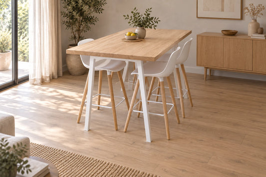 Solid oak table with inverted trapezoid legs, no floor bar - AUBE