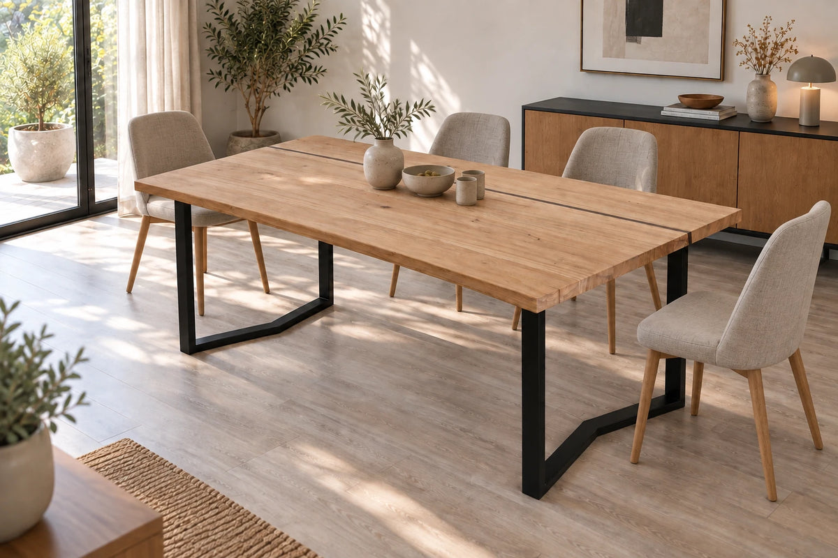 Solid oak/walnut table and black 160° sled legs - ECLIPSE 