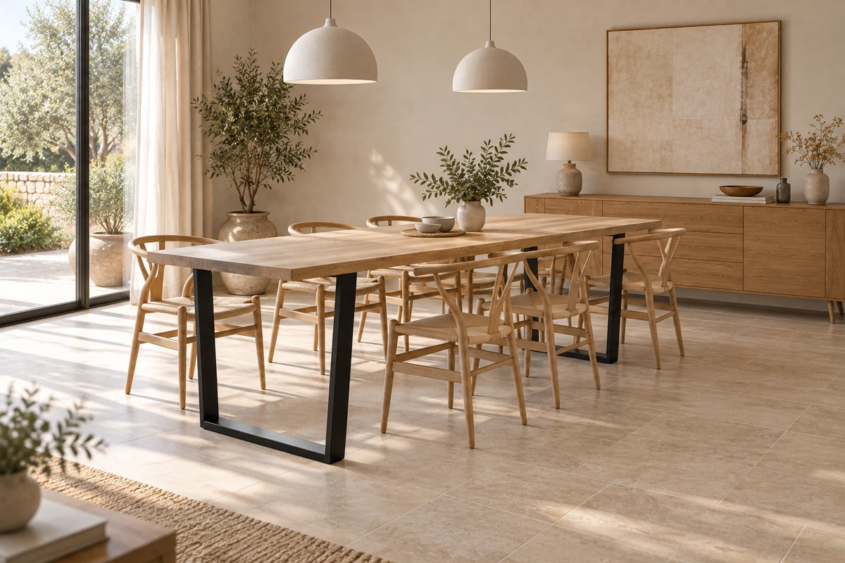 Solid oak table with black solid trapezoid legs - HORIZON