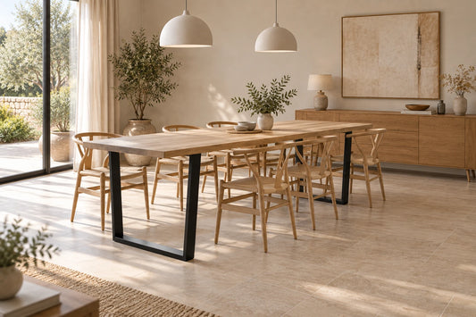 Solid oak table with black solid trapezoid legs - HORIZON